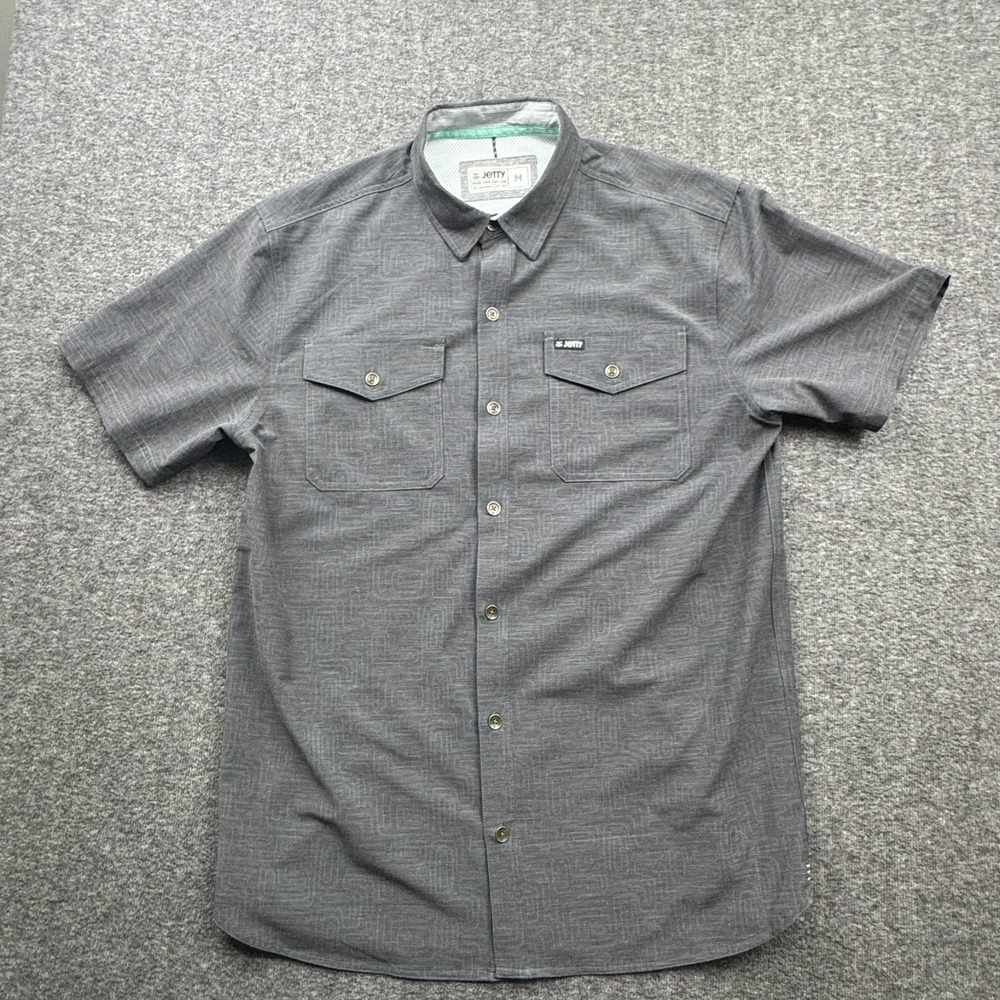 Jetty Button Up Short Sleeve Shirt Mens Medium Gray Pockets Outdoor Fishing